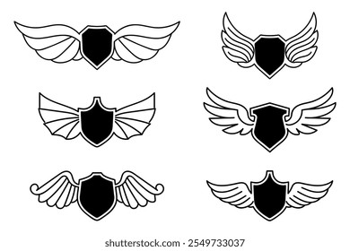 conjunto de asa com escudo decorado elemento vetor design ilustração simples preto e branco