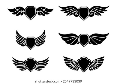 set of wing with shield decorated element vector design illustration simple black and white