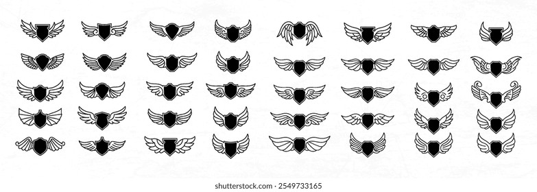 set of wing with shield decorated element vector design illustration