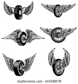 Set of winged car tires on white background. Design elements for logo, label, emblem, sign.Vector illustration