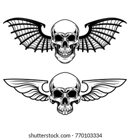Set of the winged craniums. Skull with bat wings. Design elements for logo, label, emblem, sign, t shirt. Vector illustration