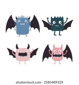 Set of Winged Cute Crazy Ugly Monster Cartoon Character with Humor Happy Expression