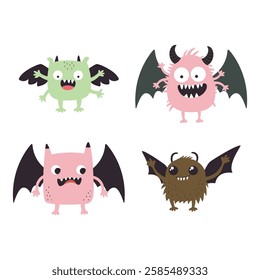 Set of Winged Cute Crazy Ugly Monster Cartoon Character with Humor Happy Expression