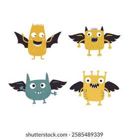 Set of Winged Cute Crazy Ugly Monster Cartoon Character with Humor Happy Expression