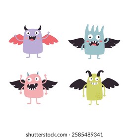 Set of Winged Cute Crazy Ugly Monster Cartoon Character with Humor Happy Expression