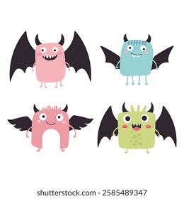 Set of Winged Cute Crazy Ugly Monster Cartoon Character with Humor Happy Expression