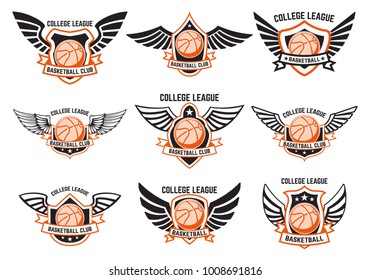Set of winged emblems with basketball ball. Design element for logo, label, emblem, sign. Vector illustration