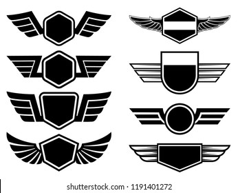 Set of winged emblems. Design element for poster, logo, label, sign, t shirt. Vector illustration