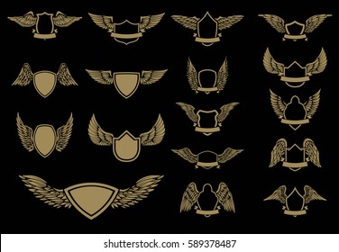 Set of winged emblems in golden style. Design element for logo, label, emblem, sign. Vector illustration.