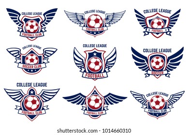 Set of winged emblems with soccer ball. Design element for logo, label, emblem, sign. Vector illustration