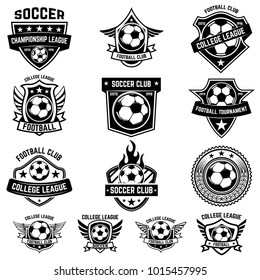 Set of winged emblems with soccer ball. Design element for logo, label, emblem, sign. Vector illustration