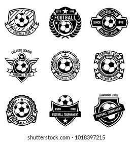 Set of winged emblems with soccer ball. Design element for logo, label, emblem, sign. Vector illustration