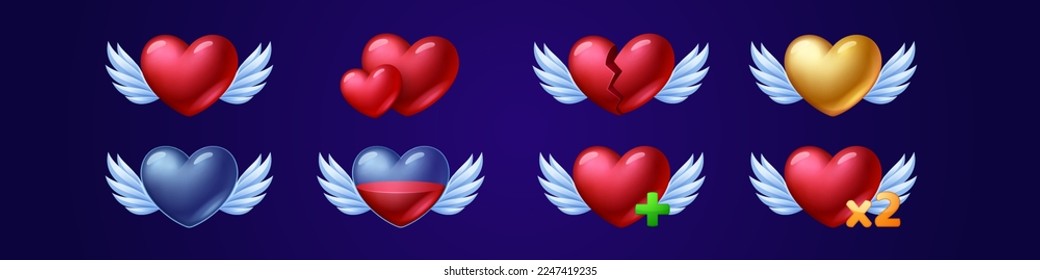 Set of winged heart game icons, fill progress score, level elements, red or gold, full and empty user Ui status of life, love, health, energy resource for pc, mobile app, Cartoon vector illustration