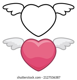 Conjunto de corazones alados, uno de color rosa y estilo de dibujos animados, el otro de color blanco y negro a color.