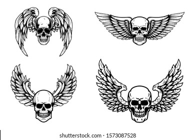 Set of winged human skull isolated on white. Design element for logo, label, emblem, sign. Vector illustration
