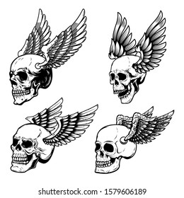 Set of winged human skull isolated on white. Design element for logo, label, emblem, sign. Vector illustration