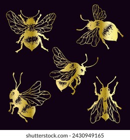 Set of winged insects, decorative golden bees.Vector graphics.