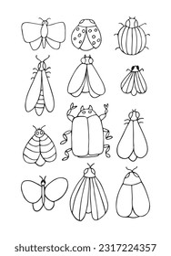 Set winged insects isolated on a white background. All objects are separated. Vector illustration. Hand drawn.