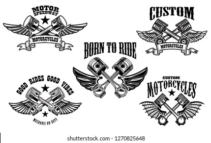 Set of winged motorcycle and car pistons. Design element for logo, label, emblem, sign. Vector illustration