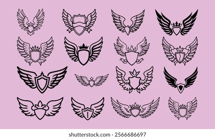 Set of Winged Shield and Crest Icons, Collection of winged shield and crest designs with crowns, perfect for logos, emblems, heraldry, or decorative concepts.
