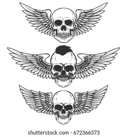 Set of winged skulls isolated on white background. Design elements for poster, t-shirt,  emblem, sign. Vector illustration