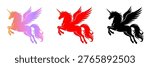 Set of winged unicorn pegasus in gradient red and black perfect for fantasy art design decoration and creative projects vector illustration style.