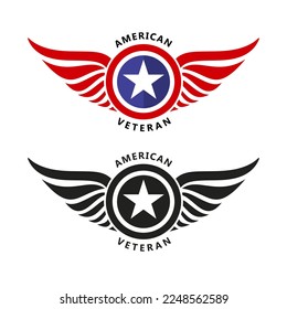 Set of Wings badges with United States stars. Aviation label logo design template. United States military veteran vector illustration