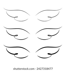 Set of Wings, black and white doodle, vector illustration, sketch. Isolated two separate wings, graphic element. Linear, line drawing. Angel, bird. Print design