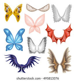 Set of wings: butterfly, bird and dragon, angel and wing with feather. Collection of vector decoration elements. Symbol of freedom. Illustration isolated on white background