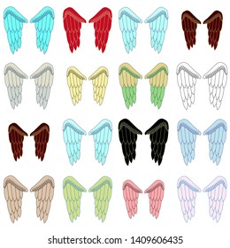 A set of wings of different colors with large feathers. Angel wings. Wings in pairs for flight.