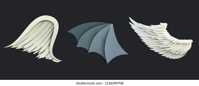 Set wings form in trendy paper cut craft graphic style. Modern design for advertising, branding greeting card, cover, poster, banner. Vector illustration.