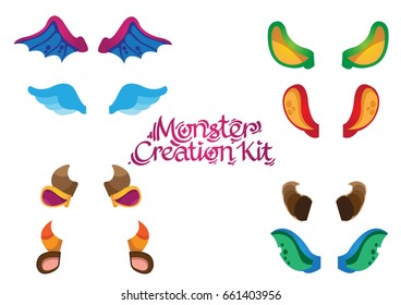 Set of wings, horns, ears for creating sweet childish monsters. Vector set illustration isolated on white background with place for text