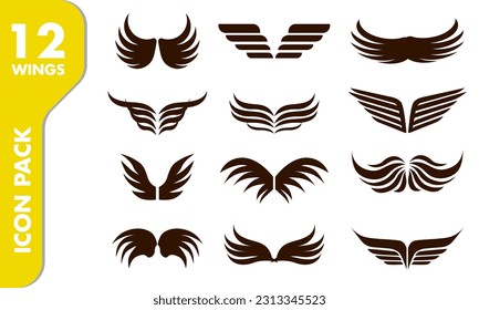 set of wings icons in black and white colors on a white background
