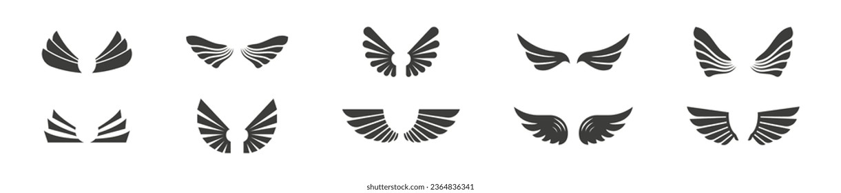 Set of wings icons. Wings. Different shapes of wing collection. Vector isolated illustration.