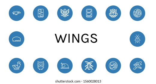 Set of wings icons. Such as Seagull, Chicken wings, Eagle, Chicken breast, Owl, Chicken, Cockroach, Cupid, Cloud gate , wings icons
