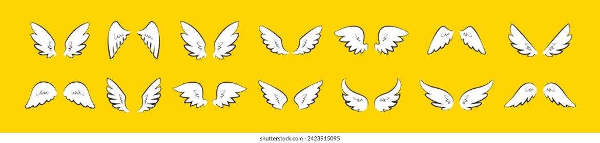 Set of wings icons. Wing icons. Angel wings elements. Wing collection in different shape. Wings badges. Vector angel wings isolated on yellow background. Vector illustration