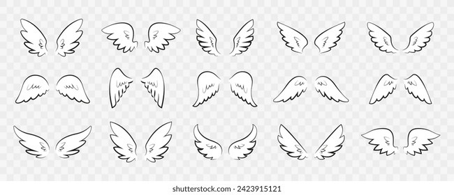 Set of wings icons. Wing icons. Bird wings, angel wing elements. Wing collection in different shape. Wings badges. Vector wings isolated on transparent background. Vector illustration