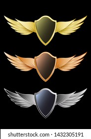Set of wings and shields gold, bronze, silver metal isolated on a black background. Realistic detailed emblems, labels badges, logo. Vector, illustration.