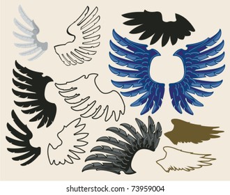 set of wings, silhouettes, line drawings ad full color