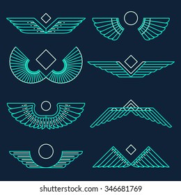 Set of wings, template, design elements, vector illustration, linear style.