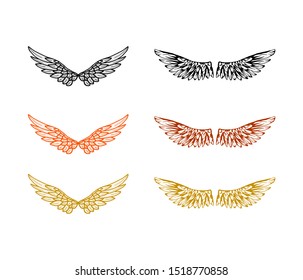set of wings vector isolated, bird wings of various colors, colorful wings icon.