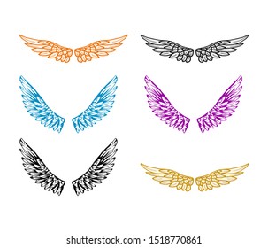 set of wings vector isolated, bird wings of various colors, colorful wings icon.