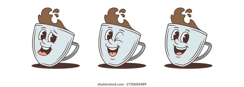 Um conjunto de mascotes de xícara de café piscando em um estilo de desenho animado vintage. Esta coleção de personagens mostra brincadeiras piscando e emoções sorridentes. Uma ilustração vetorial isolada, ótima para marcas de cafés