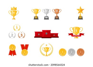 set of winner award and achievement elements. Trophy cup, stage podium, and medals design.