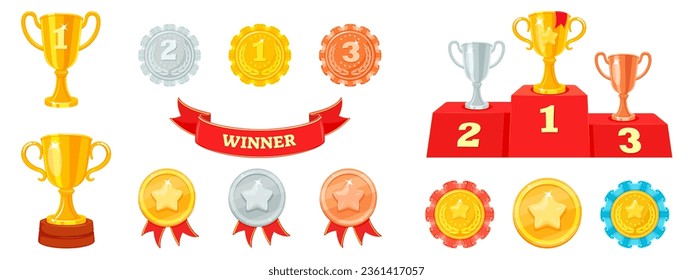 Set of winner awards. Vector illustration of cup, medal, podium for awarding. Gold, silver and bronze champion trophies.