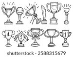 Set winner cup. Hand drawn doodle illustration. Award for victory in sports games. Ceremonial presentation of a memorable object. Prize, trophy. Win. Metallic. Vector line art.