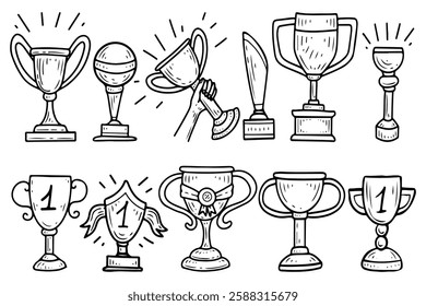 Set winner cup. Hand drawn doodle illustration. Award for victory in sports games. Ceremonial presentation of a memorable object. Prize, trophy. Win. Metallic. Vector line art.