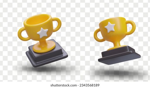 Juego de vasos ganadores. Un tazón de trofeo dorado en el estrado. Premio, premio, símbolo de líder. Victoria en la competencia. Imagen vectorial aislada. Iconos para juego, sitio, aplicación