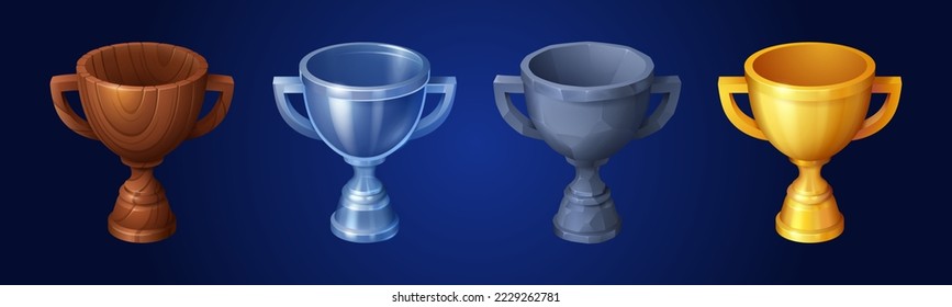 Set of winner cups made of wood, metal, stone and gold isolated on background. Vector cartoon illustration of different rank trophies. Collection of game props, level awards. Gui design elements