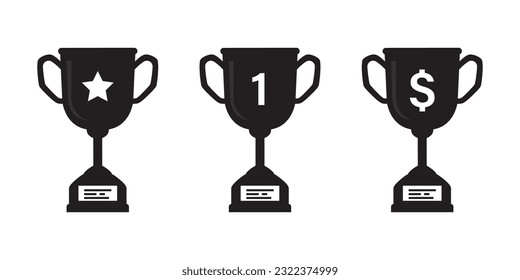 Set of winner cups. Trophy cup icons collection. Awards, prize, first place reward. Monochrome editable set on white background. flat vector illustration